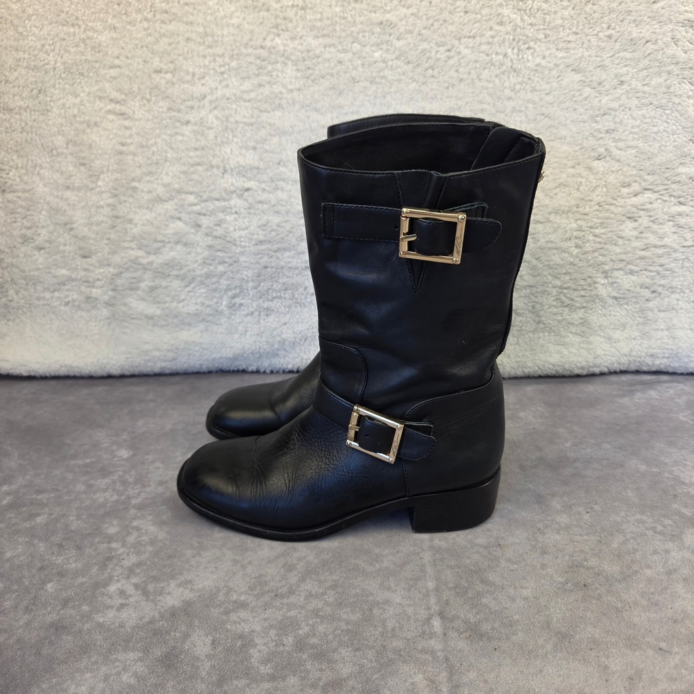 Veronica Cuolo Black Leather Moto Buckle Boots Gold Hardware 5M Vero Cuoio